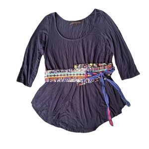 COMMON THREAD Blouse Sz L Belted 3/4 Sleeve Floral Sash Boho Navy Blue Top Fun